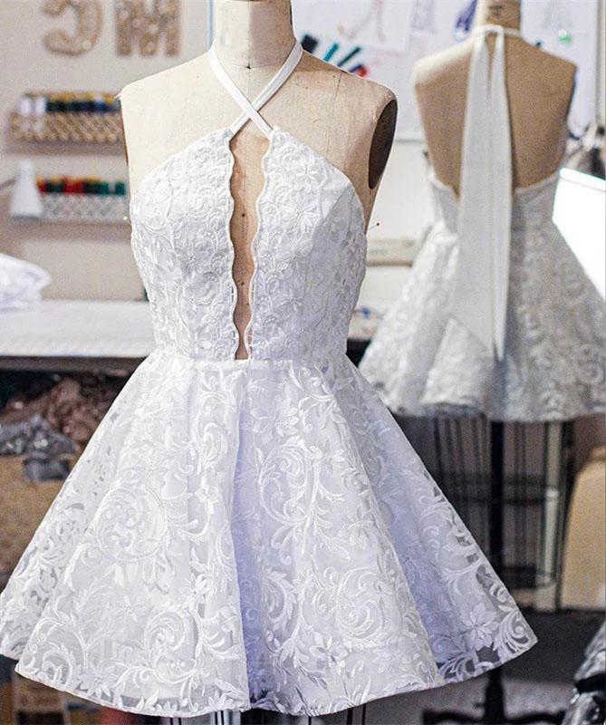 Lace Halter Sleeveless Above Knee Homecoming Dresses V Neck Short Prom Dresses H1112