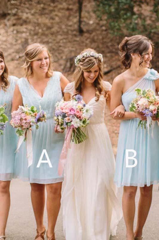 Light Blue V Neck One Shoulder Short Bridesmaid Dresses Chiffon Wedding Party Dress RS963