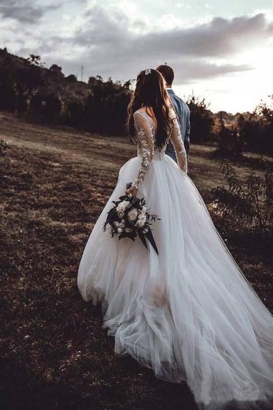 Light Pink See Through Long Sleeve Boho Wedding Dresses Lace Applique Bridal Dress PW378