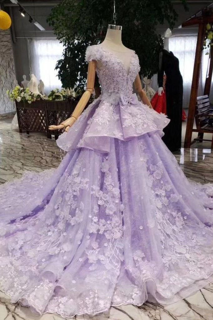 Lilac Ball Gown Short Sleeve Prom Dresses with Flowers Gorgeous Quinceanera Dress RS968