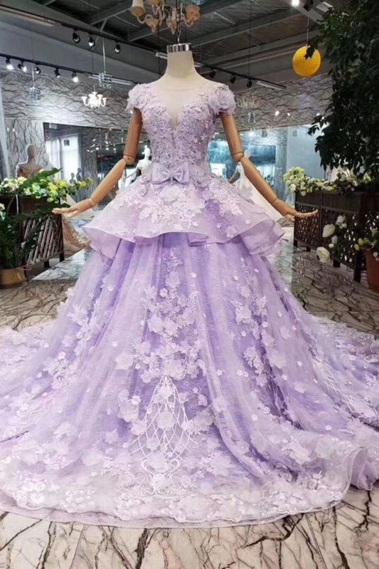 Lilac Ball Gown Short Sleeve Prom Dresses with Flowers, Gorgeous Quinceanera Dress PW968