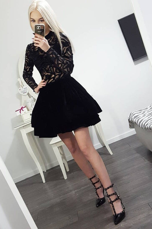 Long Sleeve Black High Neck Above Knee Homecoming Dresses Short Prom Dresses RS867