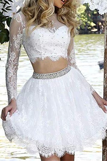 Long Sleeve Lace White Two Pieces Beads Homecoming Dresses Scoop Short Prom Dresses H1174