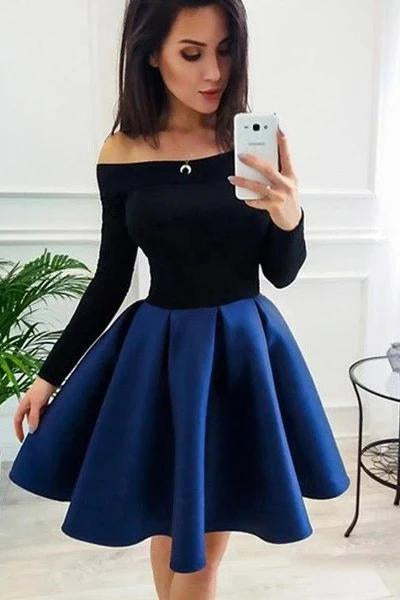 Long Sleeve Off the Shoulder Satin Royal Blue Homecoming Dresses Short Prom Dresses H1273