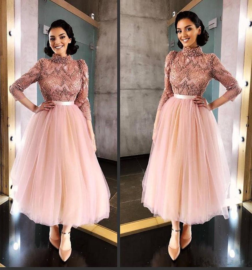 Long Sleeve Pink High Neck Ankle Length Homecoming Dresses Beads Tulle Short Dress H1102