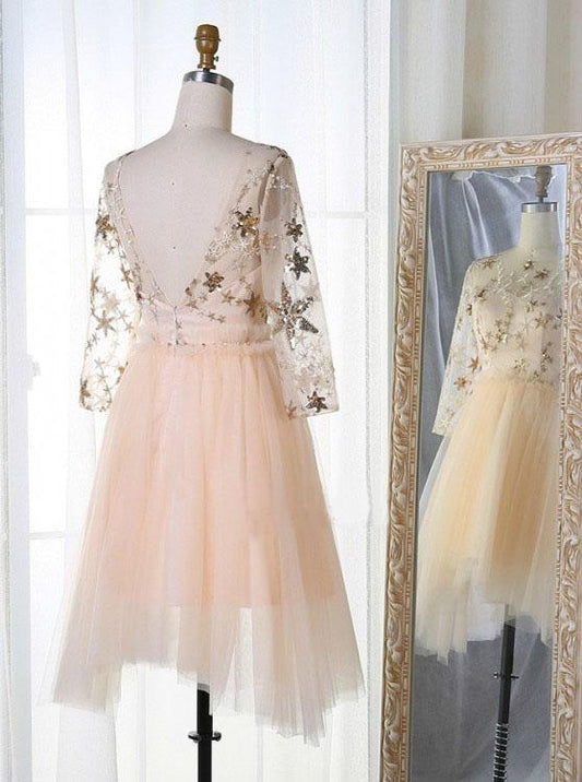 Long Sleeve Tulle Pink Homecoming Dresses with Lace V Neck Short Cocktail Dresses H1192