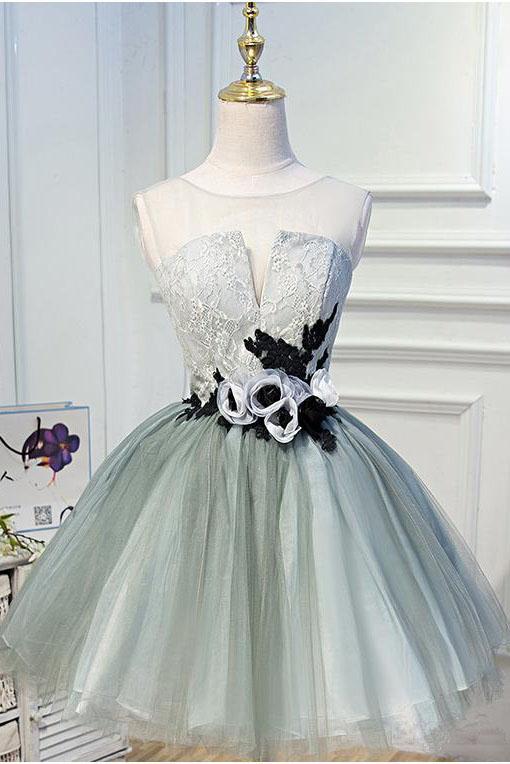 Luxury Waist Flowers See Through Backside Lolita Dress Short Tulle Homecoming Dresses H1335