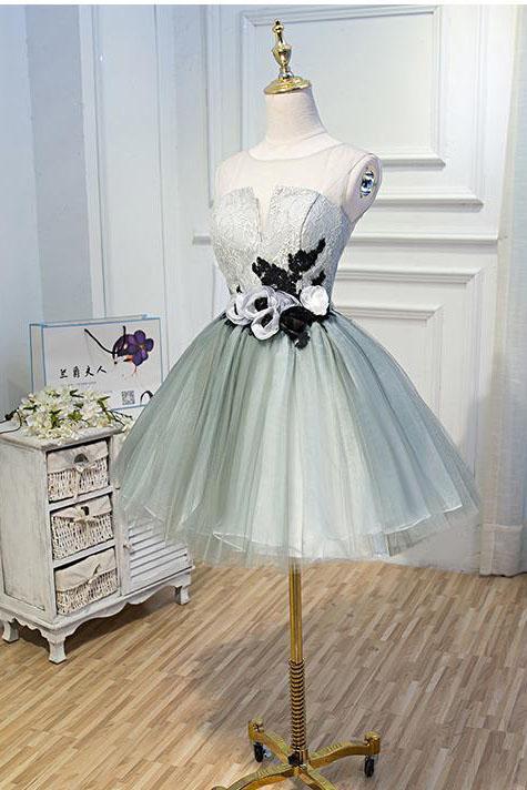 Luxury Waist Flowers See Through Backside Lolita Dress Short Tulle Homecoming Dresses H1335