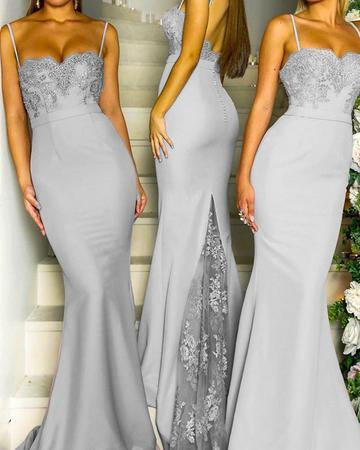 Mermaid Grey Spaghetti Straps Sweetheart Lace Satin Bridesmaid Dresses RS419