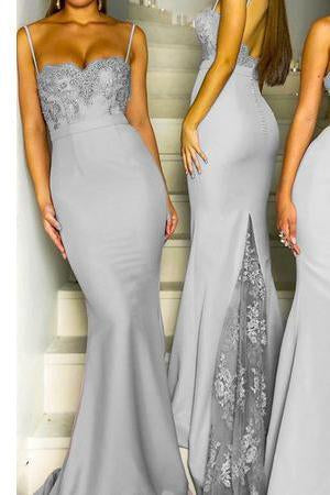 Mermaid Grey Spaghetti Straps Sweetheart Lace Satin Bridesmaid Dresses RS419