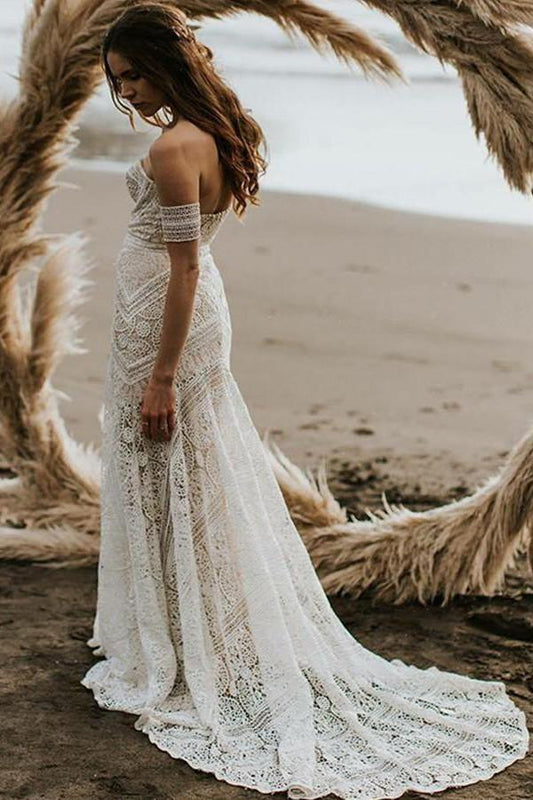 Unique Mermaid Off the Shoulder Straps Ivory Lace Beach Wedding Dress, Bridal Dresses PW829
