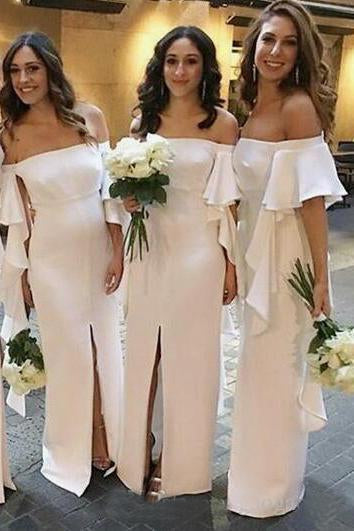 Mermaid Off the Shoulder Satin Floor Length Ivory Bridesmaid Dresses Slit Party Dresses BD1010