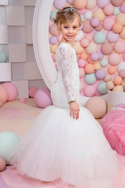 Mermaid White Long Sleeves Lace Tulle Beaded Jewel Neck Flower Girl Dresses RS549