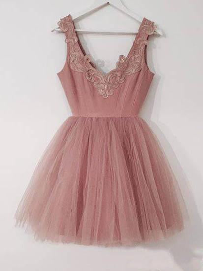 Mini Blush Pink Short Homecoming Dresses with V Neck Appliqued Tulle Prom Dresses RS955