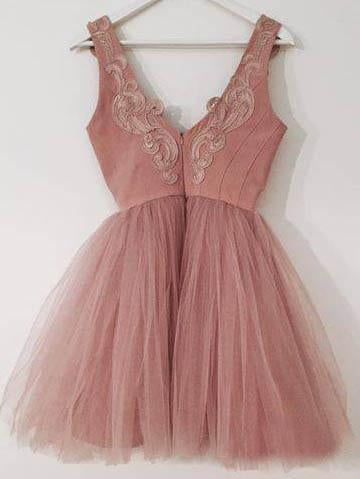 Mini Blush Pink Short Homecoming Dresses with V Neck Appliqued Tulle Prom Dresses RS955