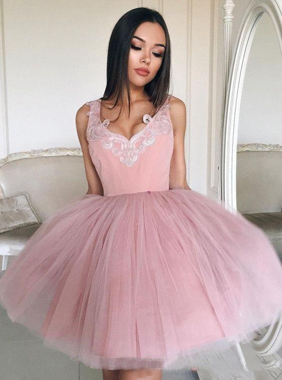 Mini Blush Pink Short Homecoming Dresses with V Neck Appliqued Tulle Prom Dresses RS955
