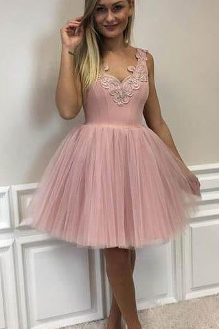 Mini Blush Pink Short Homecoming Dresses with V Neck Appliqued Tulle Prom Dresses RS955