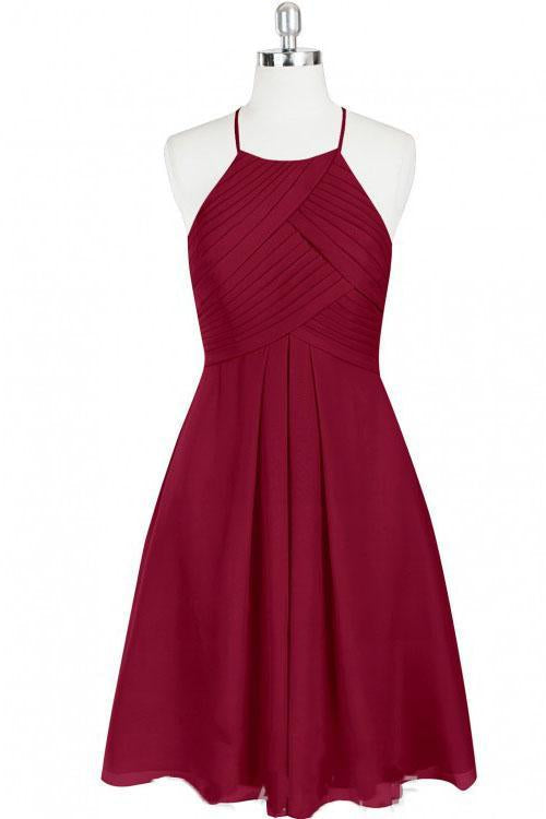Mini Cute Halter Burgundy Chiffon Knee Length Bridesmaid Dress Short Prom Dresses RS961