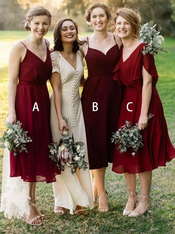 Mismatched Burgundy Chiffon Knee Length Bridesmaid Dresses V Neck Prom Dresses BD1012