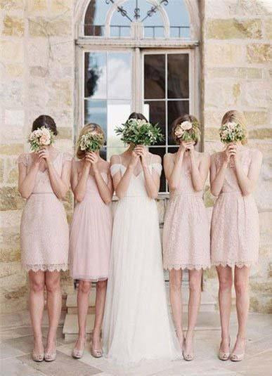 Mismatched Junior Short Lace Knee Length Blush Pink Bridesmaid Dresses Prom Dresses RS964