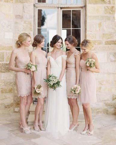 Mismatched Junior Short Lace Knee Length Blush Pink Bridesmaid Dresses Prom Dresses RS964