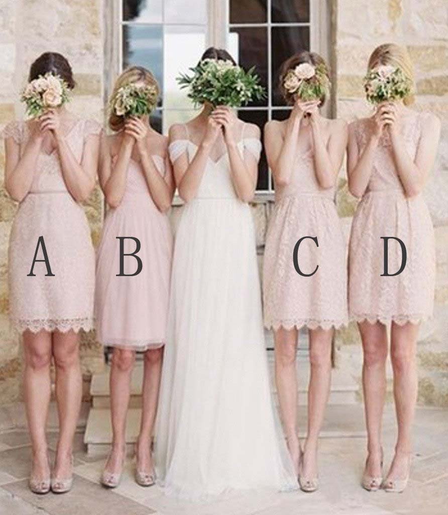 Mismatched Junior Short Lace Knee Length Blush Pink Bridesmaid Dresses Prom Dresses RS964