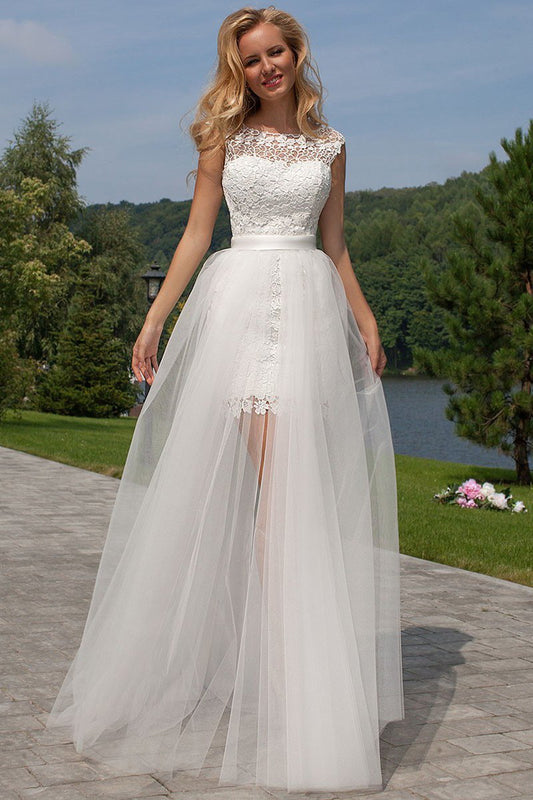 Sheath Scoop Neck Ivory Lace Tulle Detachable Ruffles Open Back Wedding Dresses RS738