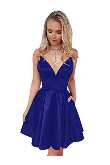 Navy Blue Spaghetti Straps V Neck Homecoming Dresses with Pockets V Neck Cocktail Dress H1093