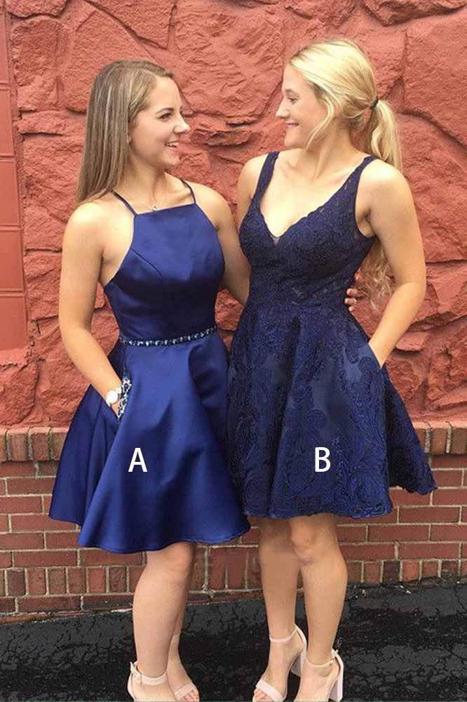 Navy Blue V Neck Homecoming Dresses Cute Short Bridesmaid Dresses with Pockets H1073