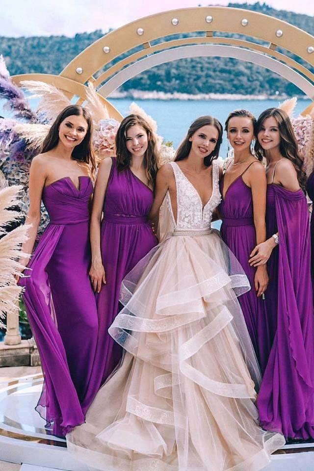 New Styles Purple Chiffon Bridesmaid Dresses Long Ruffles Bridesmaid Gowns BD1015