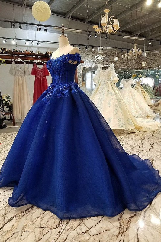 Off Shoulder Royal Blue Evening Dresses with 3D Floral Lace Ball Gown Quinceanera Dresses RS491