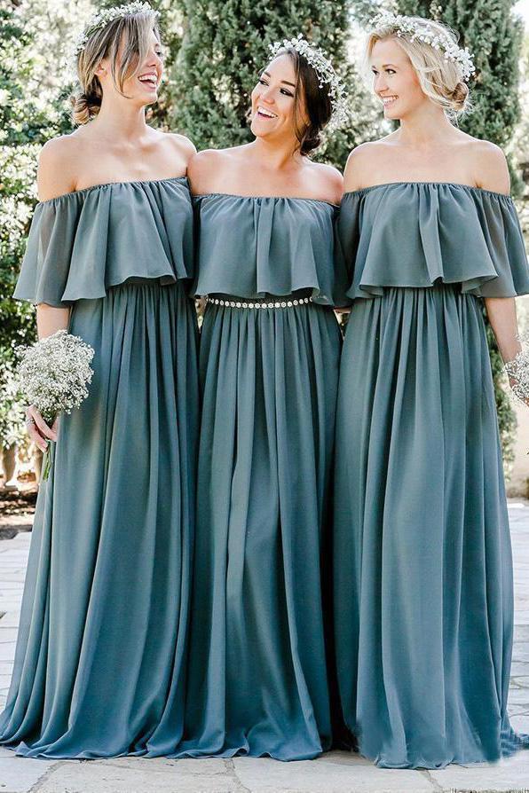 Off the Shoulder Chiffon Slate Gray Mismatched Bridesmaid Dresses Long Party Dresses BD1011
