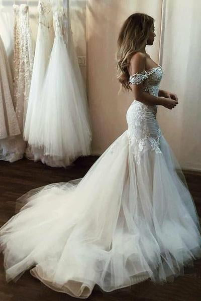 Off the Shoulder Mermaid Tulle Wedding Dresses Lace Appliques Bridal Gown uk PW448