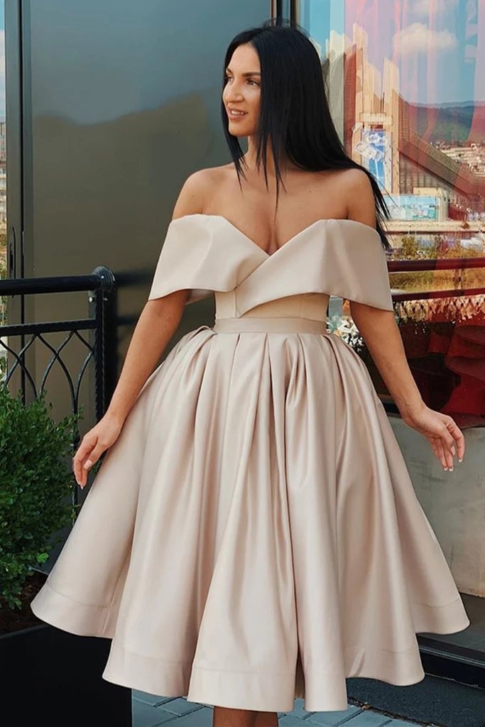 Off the Shoulder Satin V Neck Formal Homecoming Graduation Dresses Cocktail Dress H1271