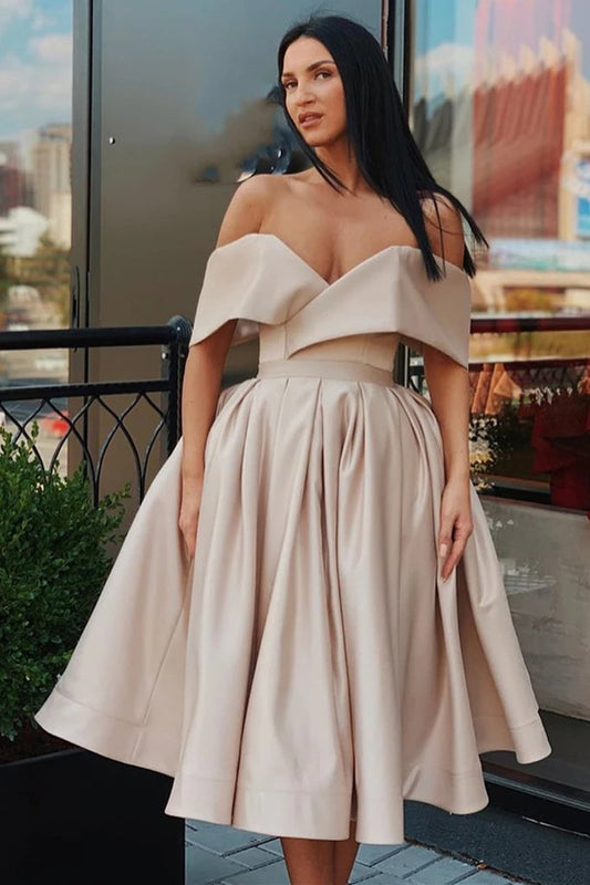 Off the Shoulder Satin V Neck Formal Homecoming Graduation Dresses Cocktail Dress H1271