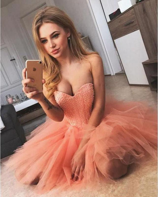 Peach Pink Strapless Sweetheart Homecoming Dresses Beaded Tulle Formal Dresses H1236