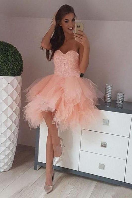 Peach Pink Strapless Sweetheart Homecoming Dresses Beaded Tulle Formal Dresses H1236