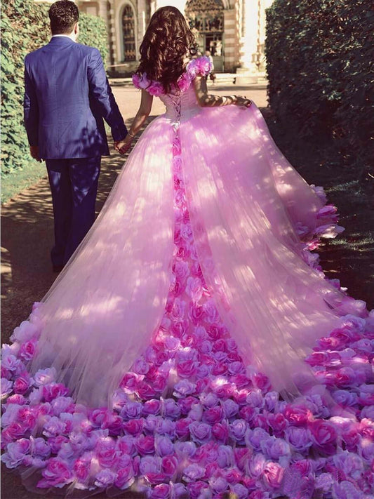 Pink Cathedral Off the Shoulder Ball Gown Vintage 3D Flower Applique Wedding Dresses RS379