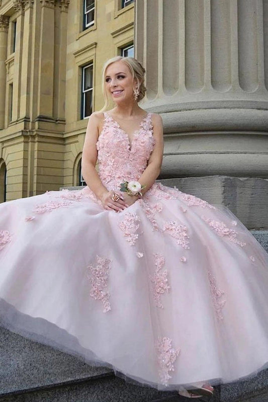 Pink Scoop Lace Appliques Prom Dresses with Tulle Open Back Beads Formal Dresses P1094