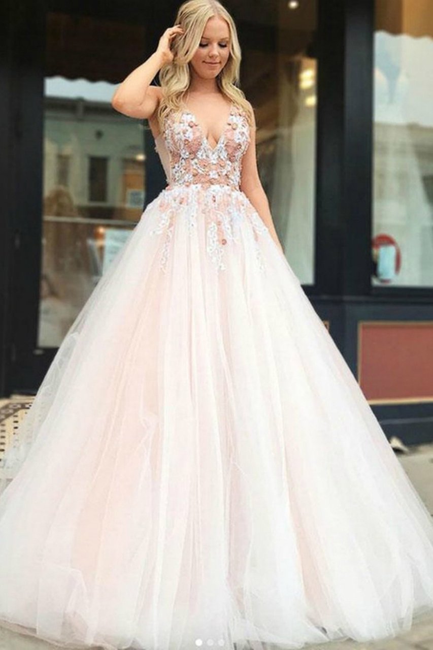 Pink Tulle V Neck Backless Appliques Long Prom Dresses Beads Cheap Party Dresses P1085
