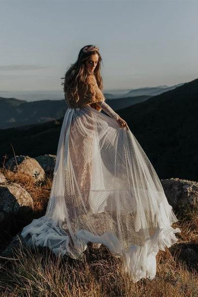 Polka Dot Long Sleeve Boho Wedding Dresses Lace Bohemian Backless Wedding Gowns W1055
