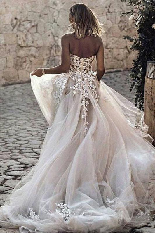 Princess A Line Sweetheart Tulle Lace Applique Ivory Wedding Dress Long Bridal Dresses JS921