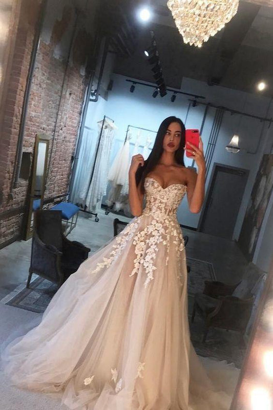Princess A Line Sweetheart Tulle Lace Applique Ivory Wedding Dress Long Bridal Dresses JS921