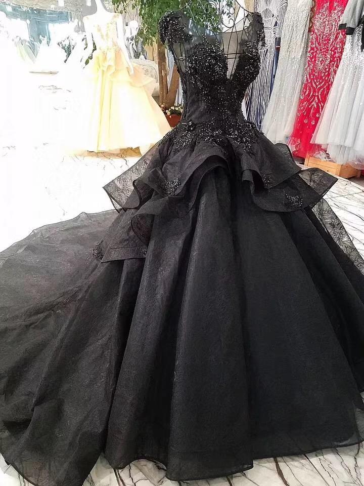 Princess Black Ball Gown Beaded Prom Dresses Tulle Long Quinceanera Dresses P1063