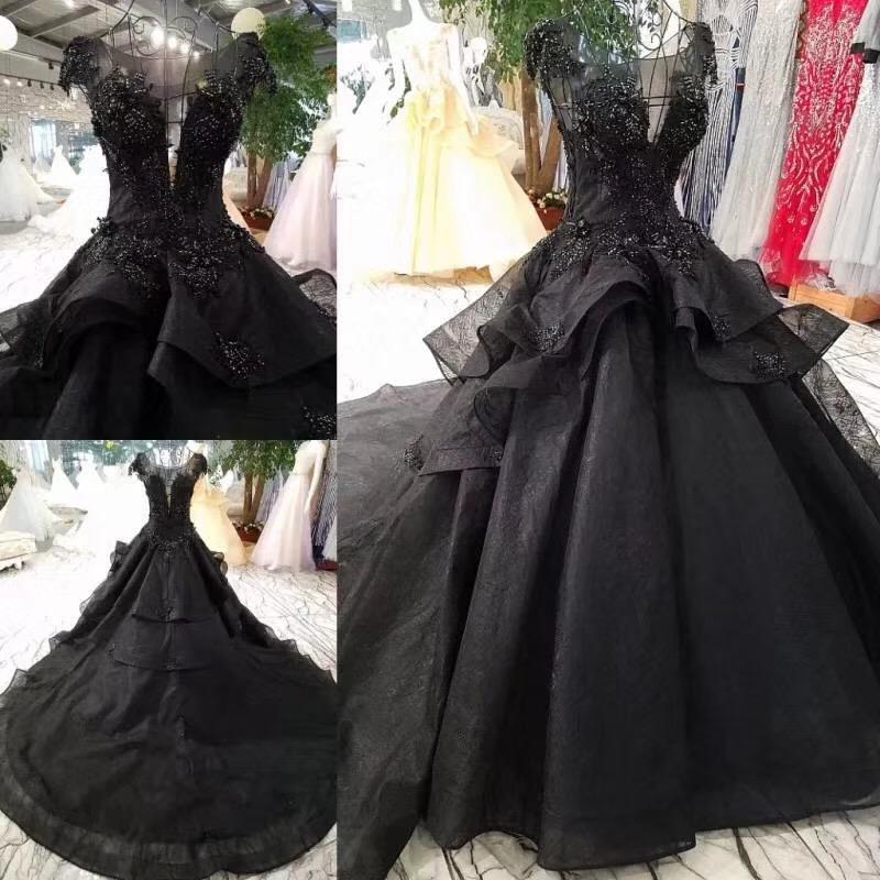 Princess Black Ball Gown Beaded Prom Dresses Tulle Long Quinceanera Dresses P1063