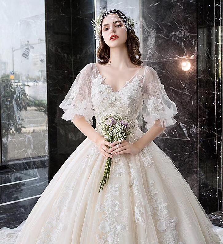Princess Half Sleeve Ball Gown Wedding Dresses Appliques V Neck Bridal Dresses RS774