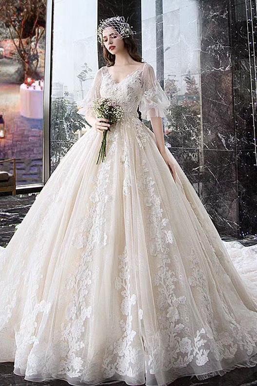 Princess Half Sleeve Ball Gown Wedding Dresses Appliques V Neck Bridal Dresses RS774