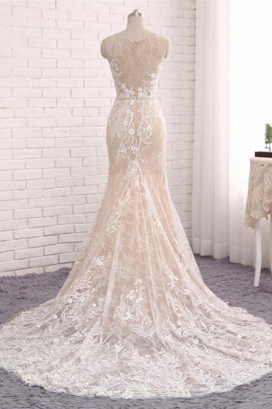 Princess Mermaid Lace Appliques Scoop Straps Ivory Wedding Dresses Bridal Dresses W1013