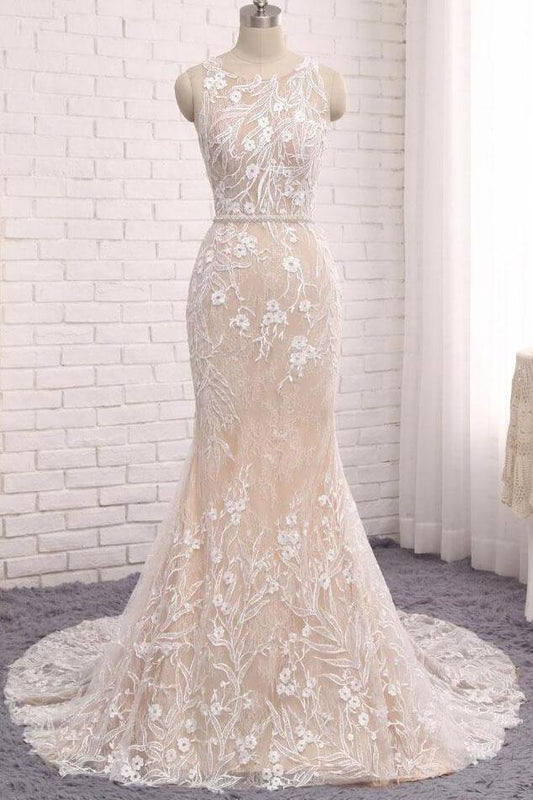 Princess Mermaid Lace Appliques Scoop Straps Ivory Wedding Dresses Bridal Dresses W1013