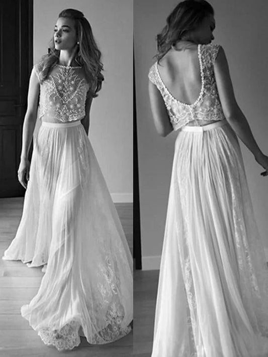 Princess Sleeveless Scoop Chiffon Beads Two Piece Wedding Dresses with Open Back RS582